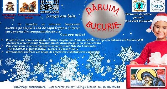 Proiect social Arhiepiscopia Tomisului: De Crăciun, „Dăruim bucurie” copiilor defavorizați