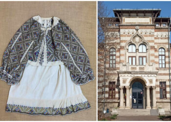 Cămașă femeiască din zona Muscel-Argeș, fastuos brodată cu fir metalic auriu și argintiu, expusă la Muzeul de Artă Populară Constanța