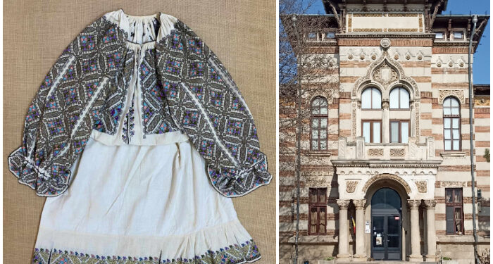 Cămașă femeiască din zona Muscel-Argeș, fastuos brodată cu fir metalic auriu și argintiu, expusă la Muzeul de Artă Populară Constanța