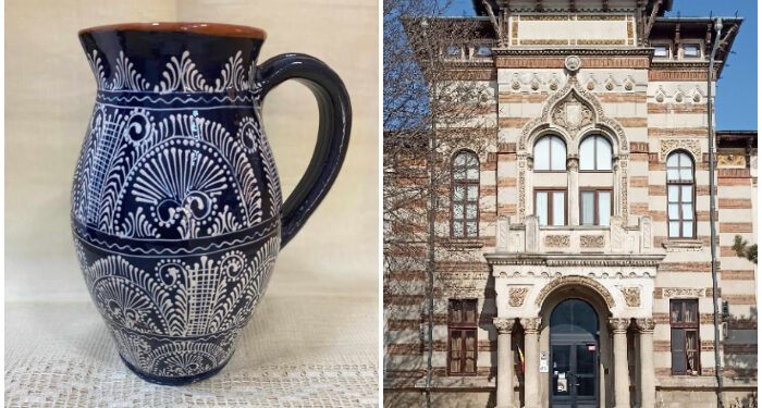 Cană de vin maramureșeană, de mari dimensiuni, expusă la Muzeul de Artă Populară Constanța