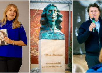 Bust al poetei Nina Cassian, în fața Căminului Cultural din localitatea 2 Mai