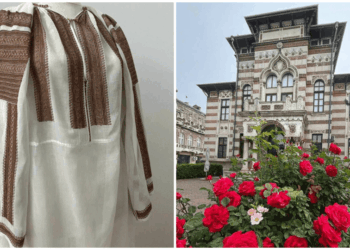 Cămașă din zona Gorjului, cu fir metalic auriu, expusă la Muzeul de Artă Populară Constanța