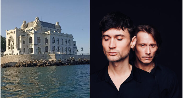 Marius Manole și pianistul Andrei Irimia, pe scena Cazinoului, în spectacolul LUMINI ȘI UMBRE