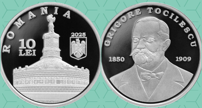 Monedă de argint dedicată istoricului Grigore Tocilescu, inițiatorul săpăturilor arheologice românești din Dobrogea