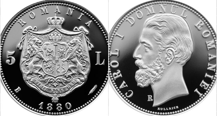 BNR lansează o reproducere din argint după moneda de 5 lei din 1880, cu efigia regelui Carol I