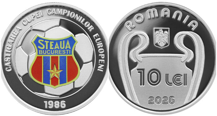 BNR a lansat o monedă din argint dedicată momentului 7 Mai 1986, „Steaua București – 40 de ani de la câștigarea Cupei Campionilor Europeni”